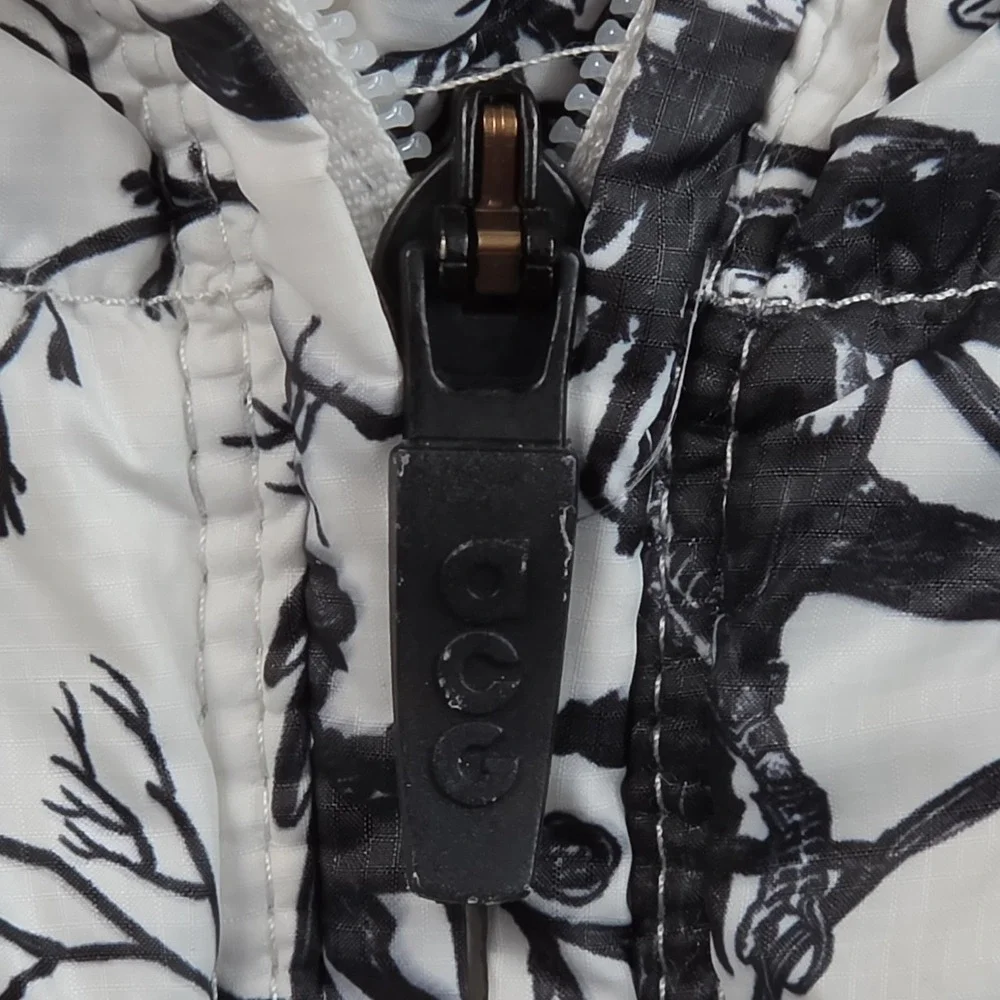 Nike ACG 800 Hooded Down Puffer Jacket Womens XS White Black Bird Toile Print